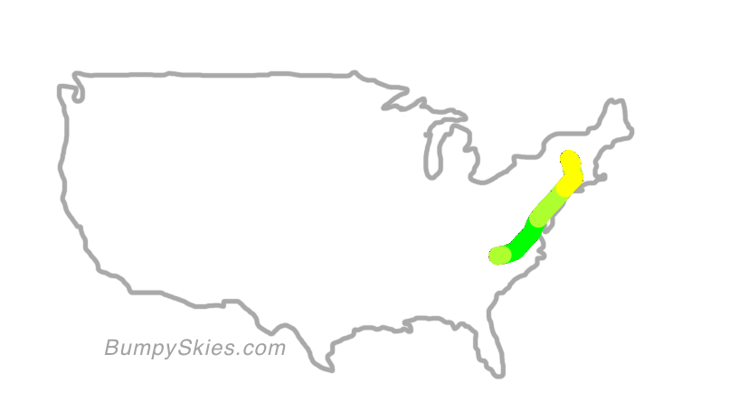 Map of continental US with illustrated flight path and turbulence forecast (described in text below)