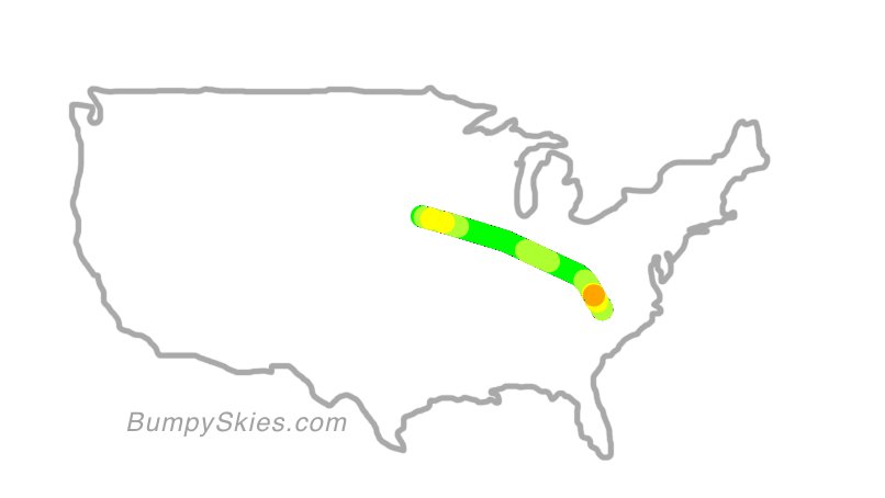 Map of continental US with illustrated flight path and turbulence forecast (described in text below)
