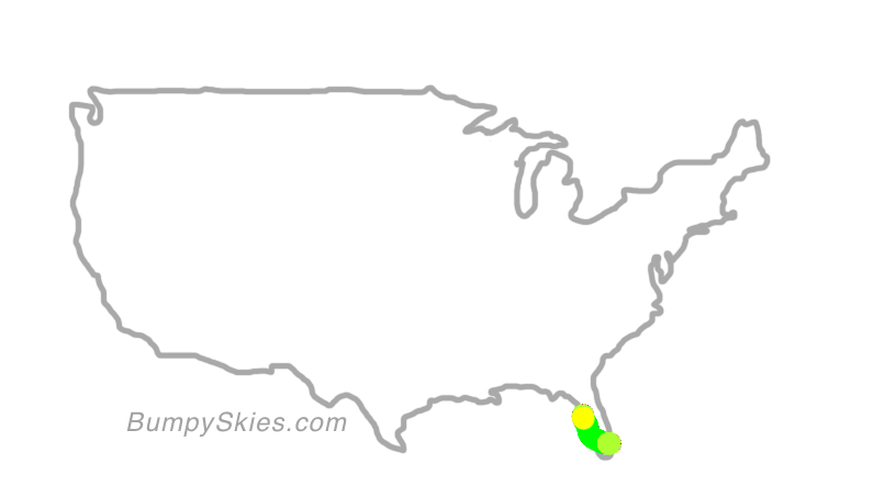 Map of continental US with illustrated flight path and turbulence forecast (described in text below)