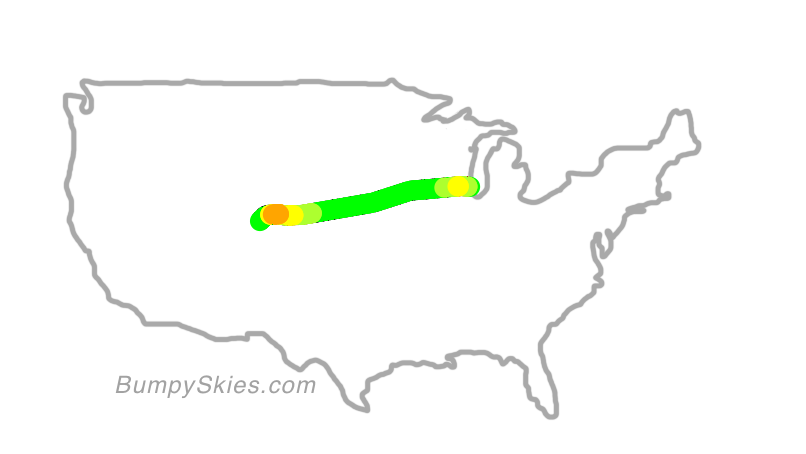 Map of continental US with illustrated flight path and turbulence forecast (described in text below)