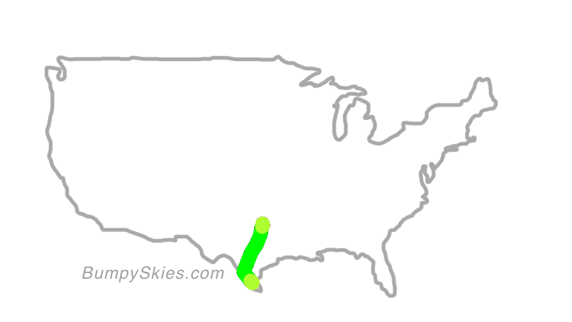 Map of continental US with illustrated flight path and turbulence forecast (described in text below)