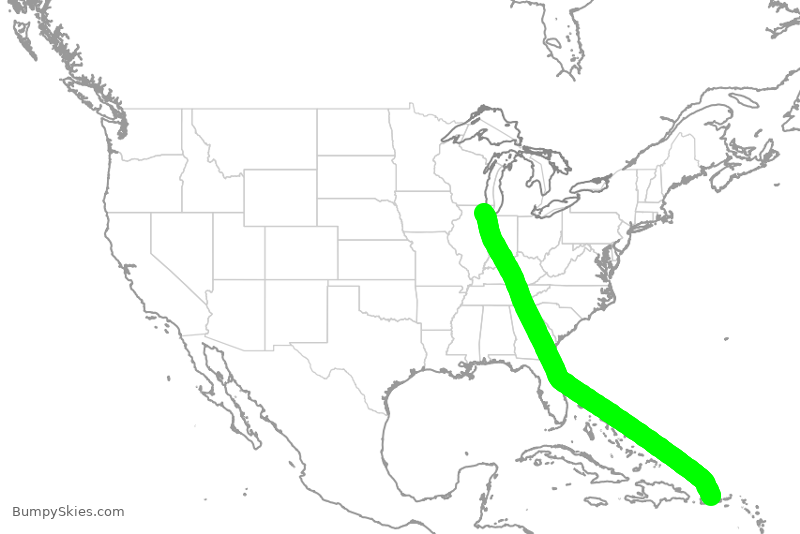 Turbulence forecast map for AAL1865, ORD to SJU
