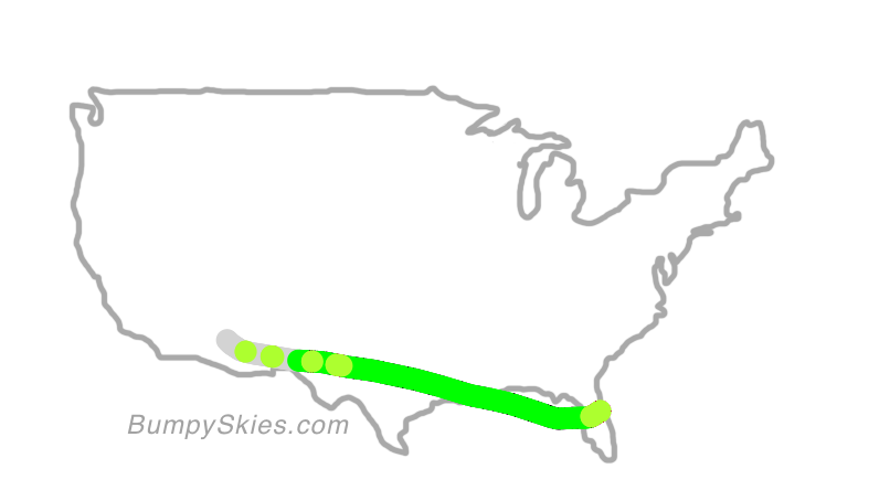 Map of continental US with illustrated flight path and turbulence forecast (described in text below)