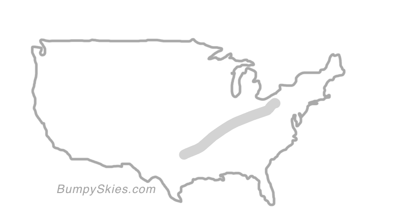 Map of continental US with illustrated flight path and turbulence forecast (described in text below)