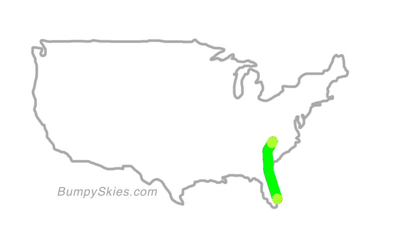 Map of continental US with illustrated flight path and turbulence forecast (described in text below)