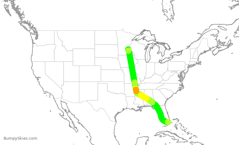 Turbulence forecast map for AAL1870, MSP to MIA