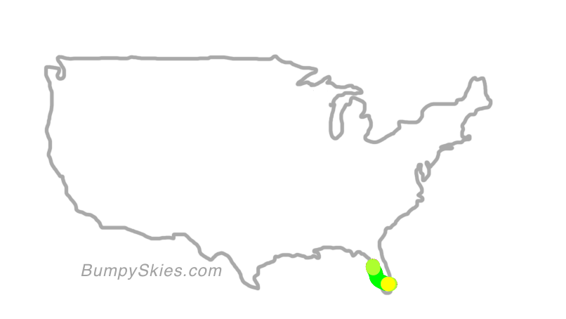 Map of continental US with illustrated flight path and turbulence forecast (described in text below)