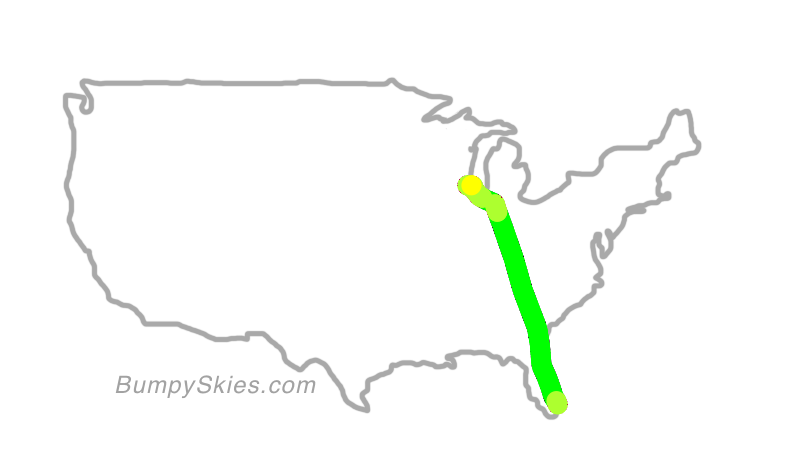 Map of continental US with illustrated flight path and turbulence forecast (described in text below)