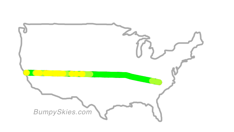Map of continental US with illustrated flight path and turbulence forecast (described in text below)