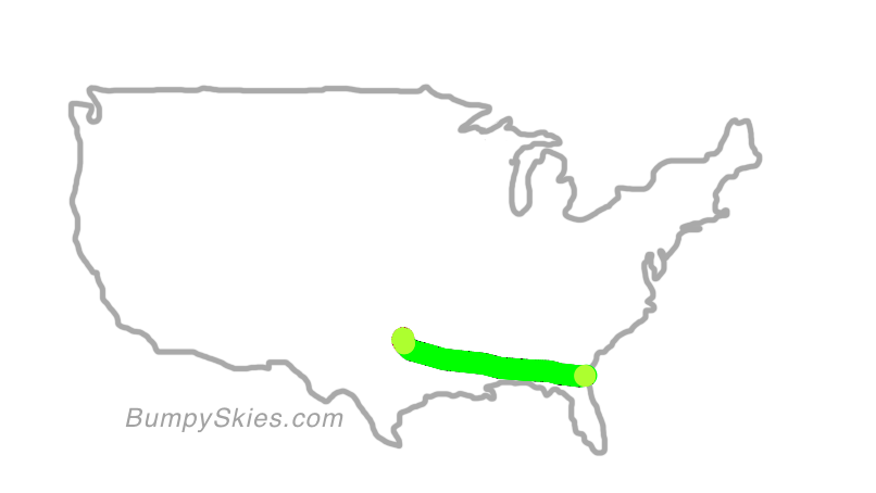 Map of continental US with illustrated flight path and turbulence forecast (described in text below)