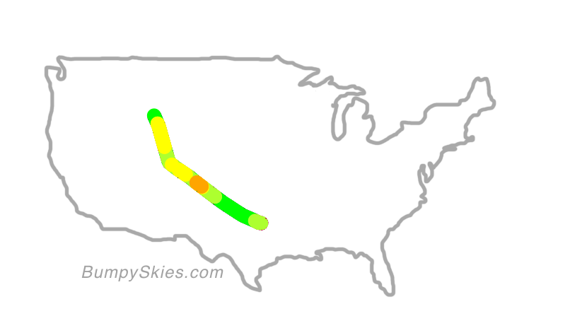 Map of continental US with illustrated flight path and turbulence forecast (described in text below)