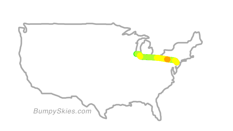 Map of continental US with illustrated flight path and turbulence forecast (described in text below)