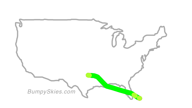 Map of continental US with illustrated flight path and turbulence forecast (described in text below)