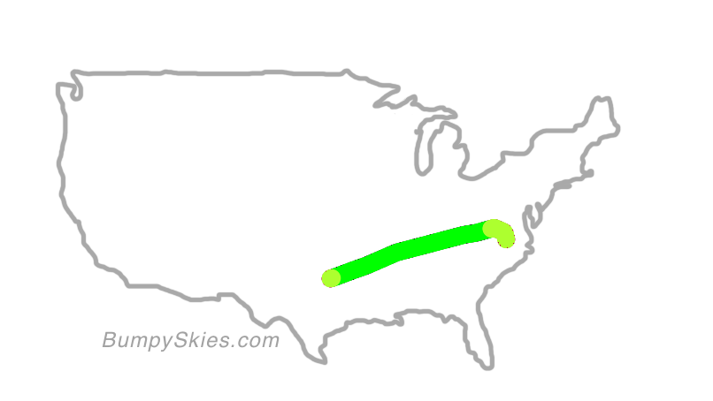 Map of continental US with illustrated flight path and turbulence forecast (described in text below)