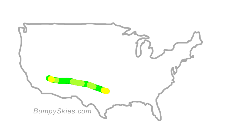 Map of continental US with illustrated flight path and turbulence forecast (described in text below)