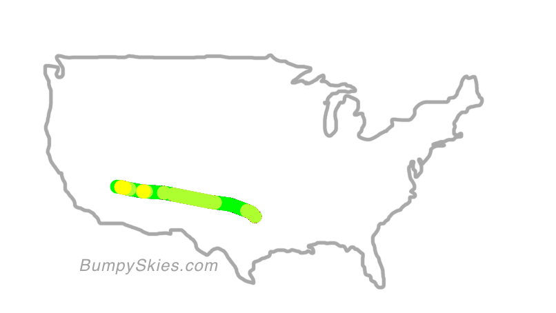 Map of continental US with illustrated flight path and turbulence forecast (described in text below)