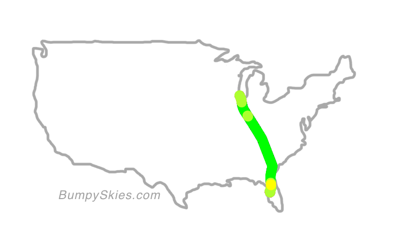 Map of continental US with illustrated flight path and turbulence forecast (described in text below)