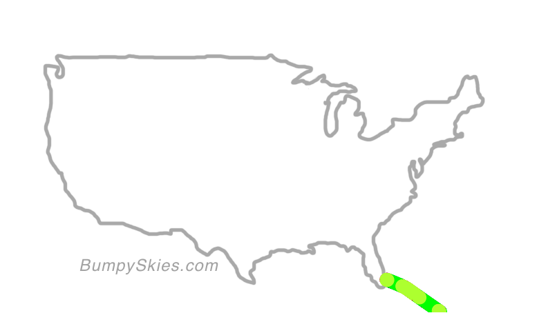 Map of continental US with illustrated flight path and turbulence forecast (described in text below)