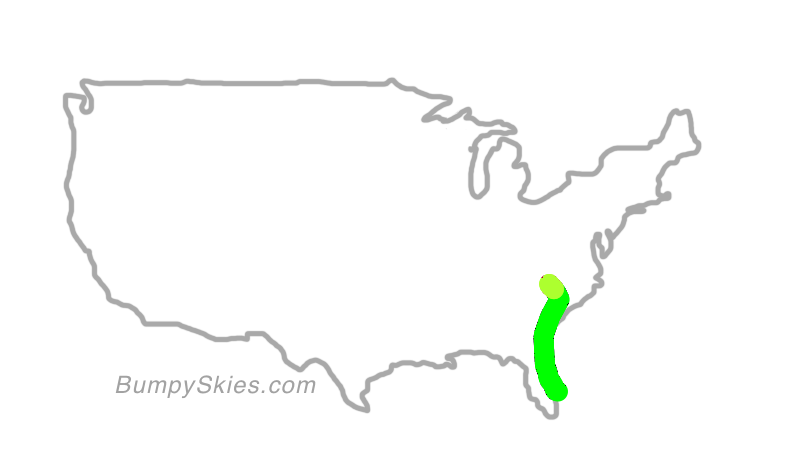 Map of continental US with illustrated flight path and turbulence forecast (described in text below)