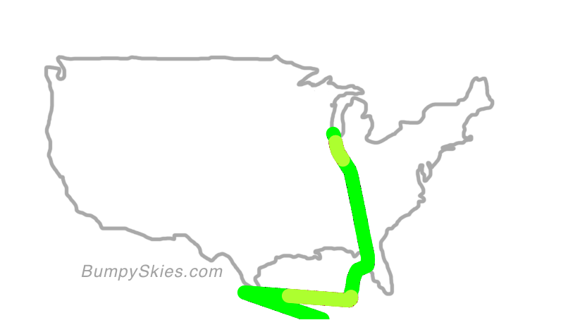 Map of continental US with illustrated flight path and turbulence forecast (described in text below)
