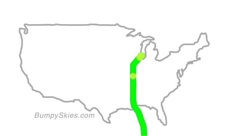 Map of continental US with illustrated flight path and turbulence forecast (described in text below)