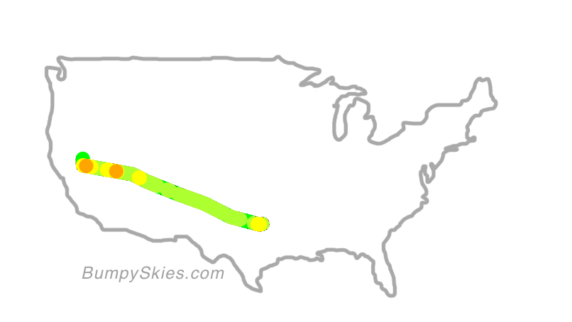 Map of continental US with illustrated flight path and turbulence forecast (described in text below)