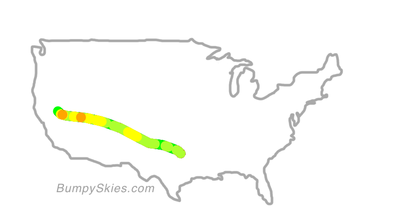 Map of continental US with illustrated flight path and turbulence forecast (described in text below)
