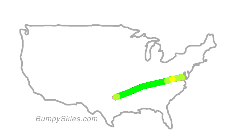Map of continental US with illustrated flight path and turbulence forecast (described in text below)