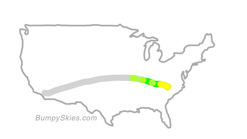 Map of continental US with illustrated flight path and turbulence forecast (described in text below)
