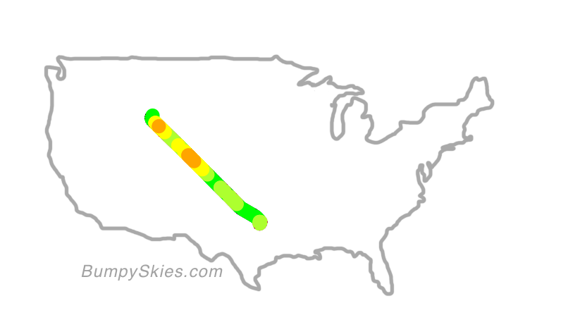 Map of continental US with illustrated flight path and turbulence forecast (described in text below)
