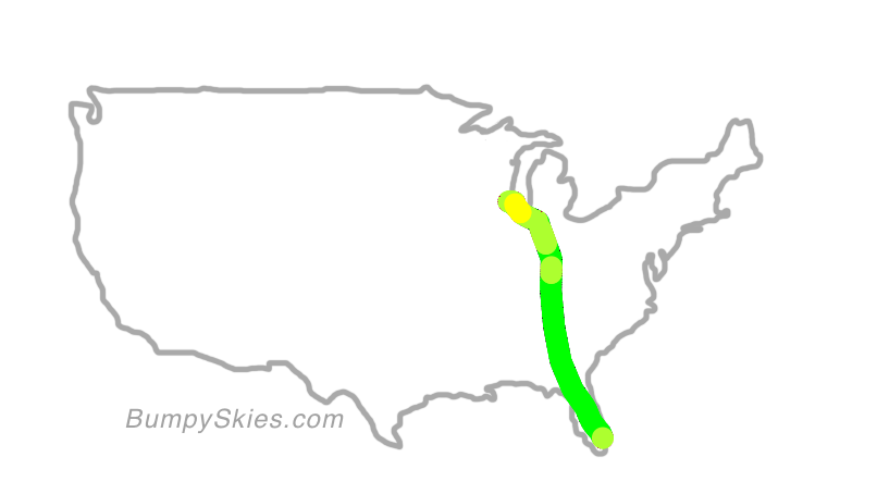 Map of continental US with illustrated flight path and turbulence forecast (described in text below)