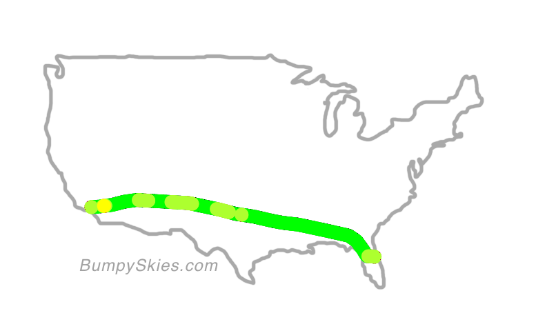 Map of continental US with illustrated flight path and turbulence forecast (described in text below)