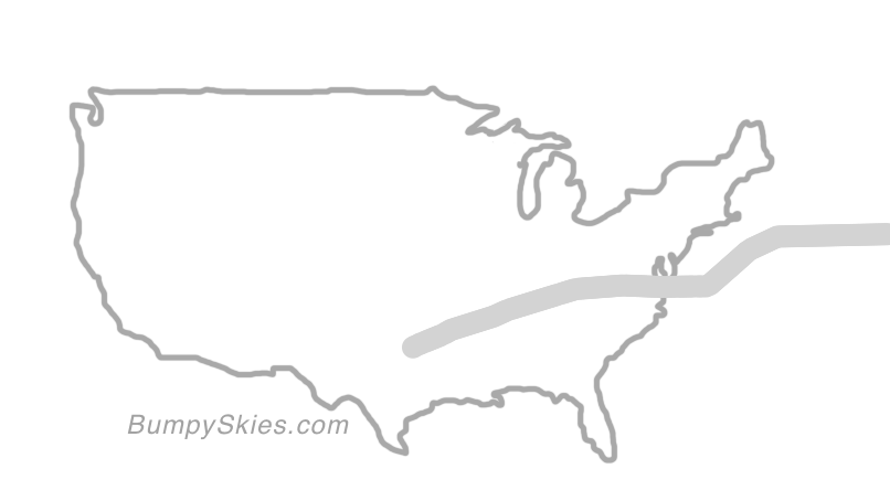 Map of continental US with illustrated flight path and turbulence forecast (described in text below)