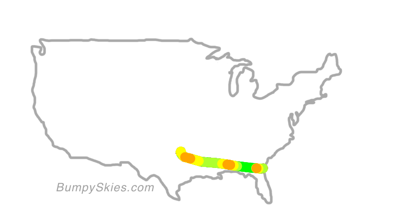 Map of continental US with illustrated flight path and turbulence forecast (described in text below)