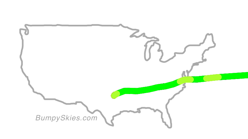 Map of continental US with illustrated flight path and turbulence forecast (described in text below)