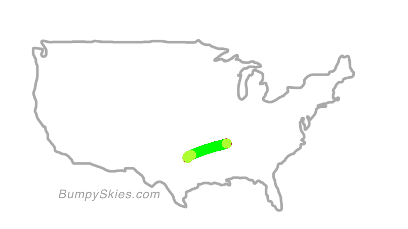 Map of continental US with illustrated flight path and turbulence forecast (described in text below)