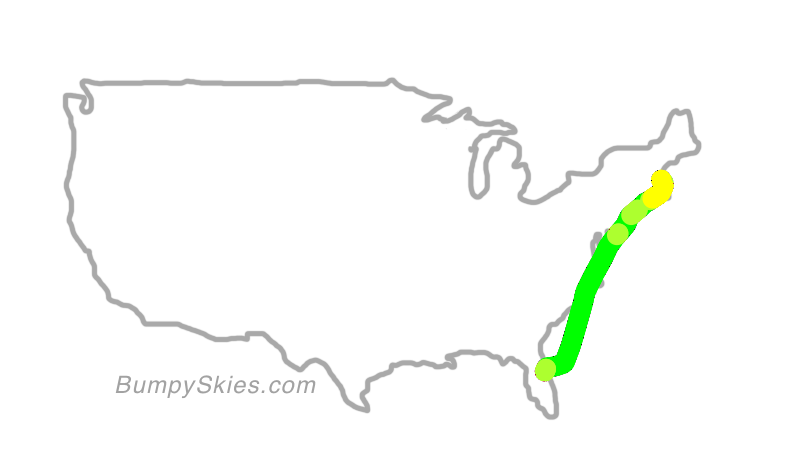 Map of continental US with illustrated flight path and turbulence forecast (described in text below)