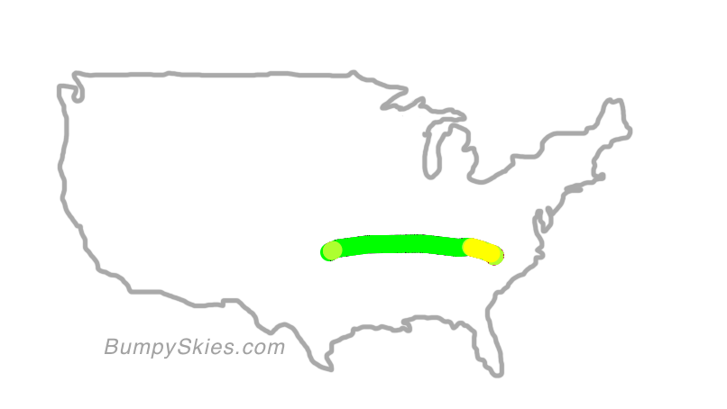 Map of continental US with illustrated flight path and turbulence forecast (described in text below)