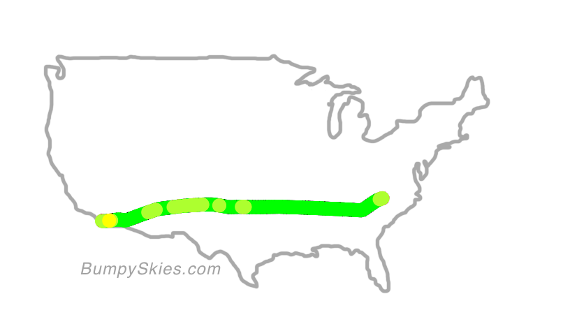 Map of continental US with illustrated flight path and turbulence forecast (described in text below)