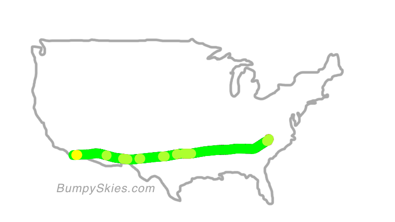 Map of continental US with illustrated flight path and turbulence forecast (described in text below)