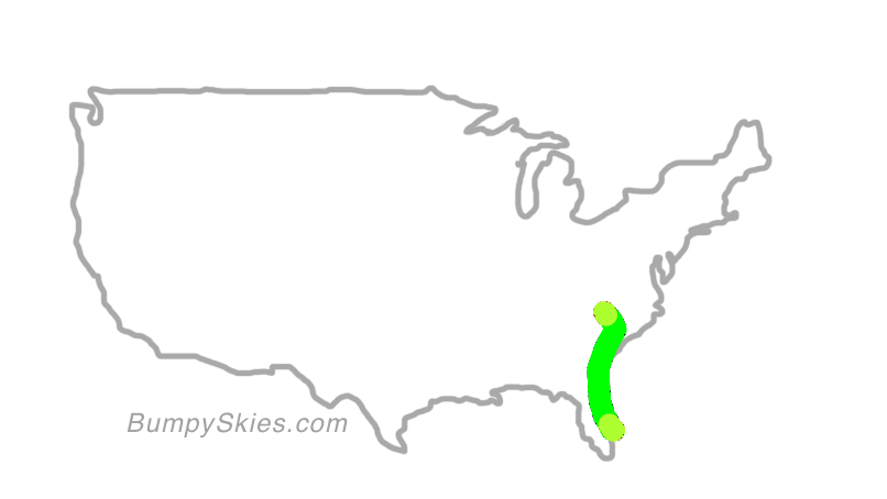 Map of continental US with illustrated flight path and turbulence forecast (described in text below)