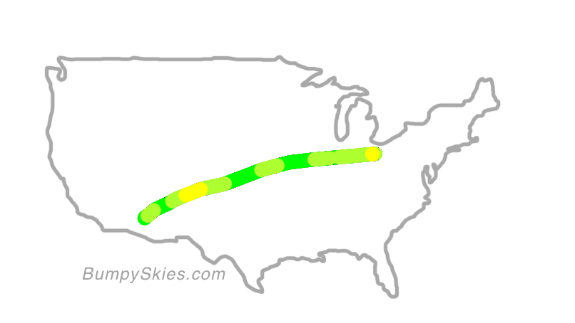 Map of continental US with illustrated flight path and turbulence forecast (described in text below)