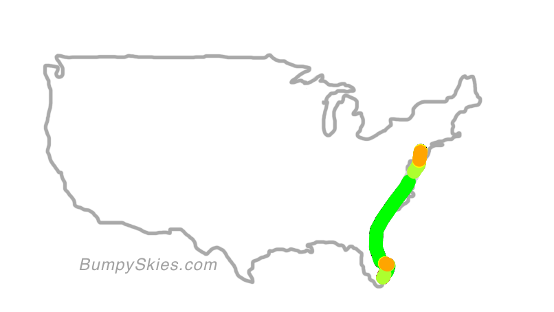 Map of continental US with illustrated flight path and turbulence forecast (described in text below)