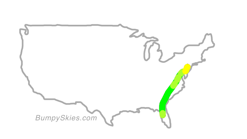 Map of continental US with illustrated flight path and turbulence forecast (described in text below)