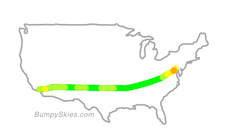 Map of continental US with illustrated flight path and turbulence forecast (described in text below)
