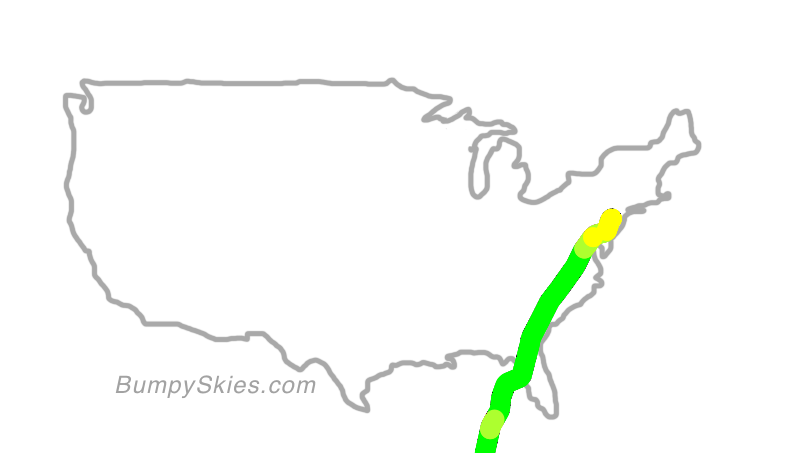Map of continental US with illustrated flight path and turbulence forecast (described in text below)