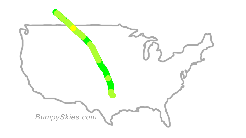 Map of continental US with illustrated flight path and turbulence forecast (described in text below)