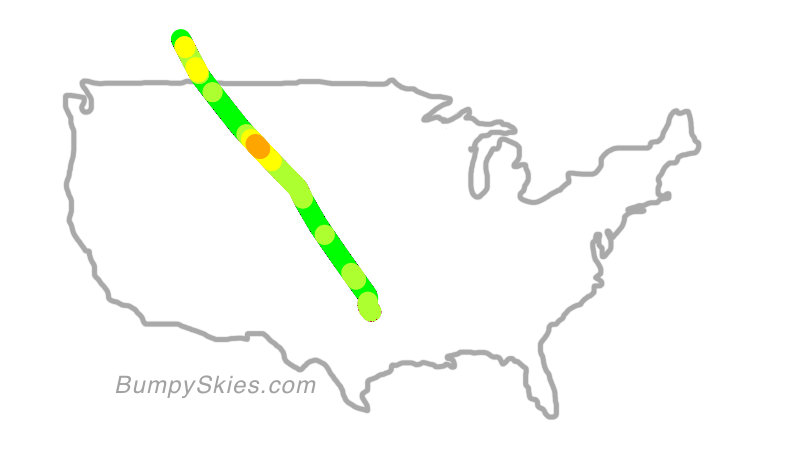 Map of continental US with illustrated flight path and turbulence forecast (described in text below)