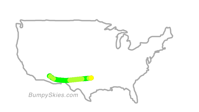 Map of continental US with illustrated flight path and turbulence forecast (described in text below)