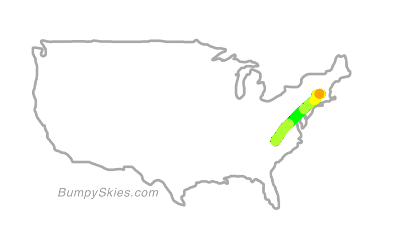 Map of continental US with illustrated flight path and turbulence forecast (described in text below)
